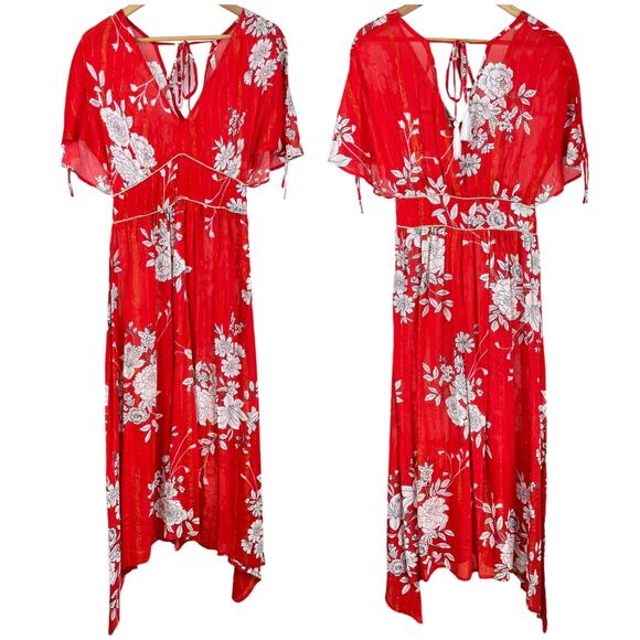 RAGA NWT Rohit Floral Sharkbite Hem Midi Dress Red Size S Empire Waist Chiffon - Picture 2 of 10